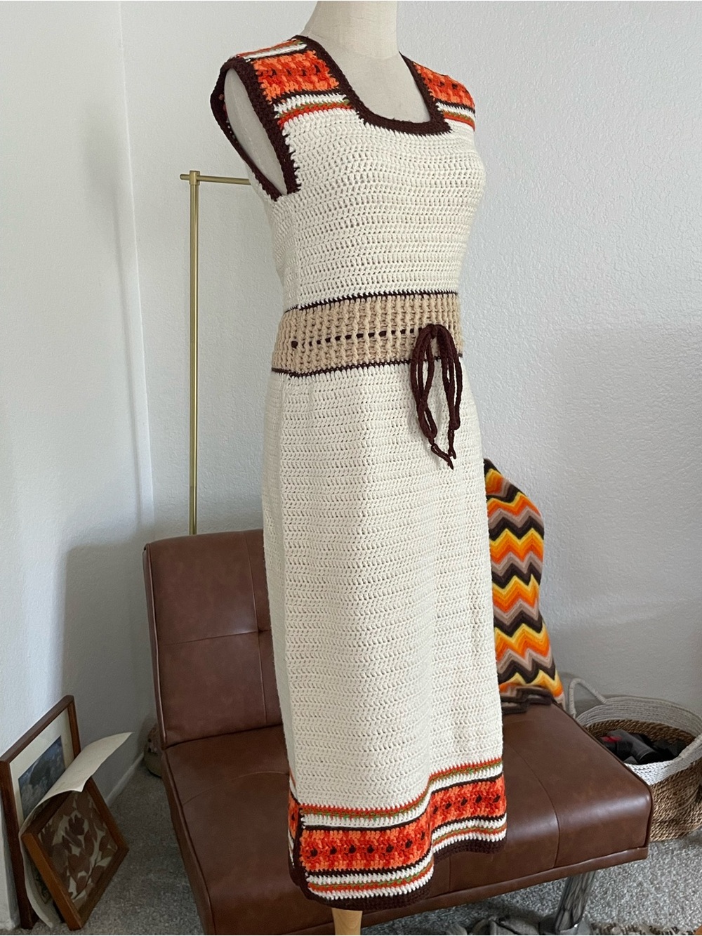 Vintage 1970s Boho Hippie Knit Crochet Dress - Picture 4 of 7